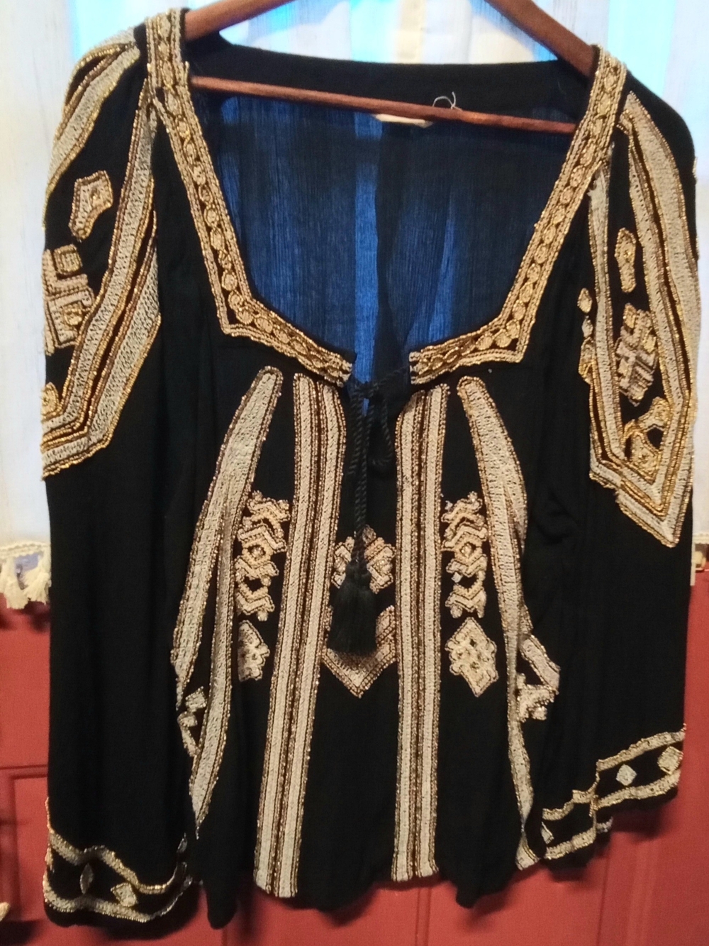 Soft Surroundings Black Tunic with Gold Embroidered Trim and Tassel